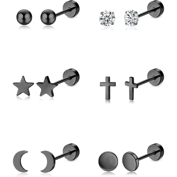 6 Pairs G23 Titanium Earrings for Women & Men, Hypoallergenic Flat Back Stud Earrings with Moon Star CZ Designs, Titanium Screw Back Cartilage Earrings Set for Sensitive Ears
