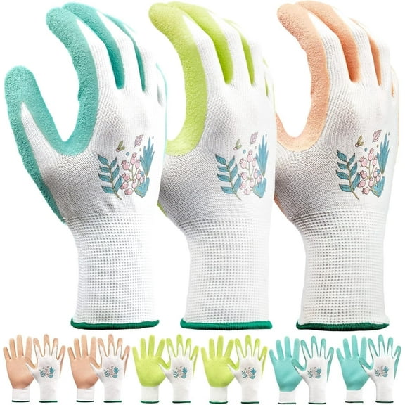 6 Pairs Gardening Gloves for Women, Latex Coated, Stretchable & Abrasion Resistant, Rose Pink, Aqua, Green, Medium