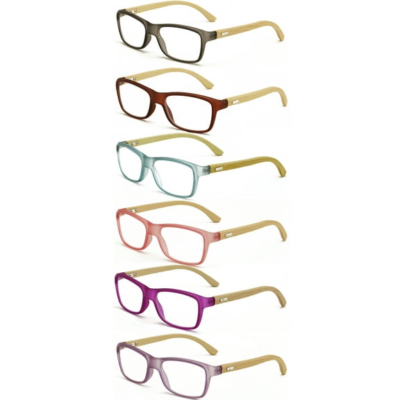 6 Pairs Geniune Bamboo Women Reading Glasses - Fun Color Clear Lens Reader 7015 +1.75