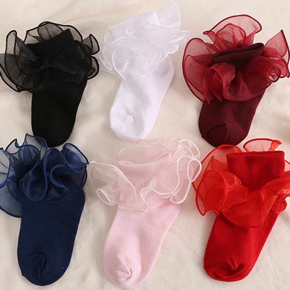 6 Pairs Girls Big Ruffle Socks Cute Double Lace Frilly Dress Socks