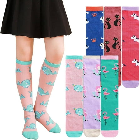 6 Pairs Girls Knee High Socks, Soft Cotton Fashion Long Socks Cute Kids Odd Cartoon Animal Socks One Size for Girls 3-12 Years