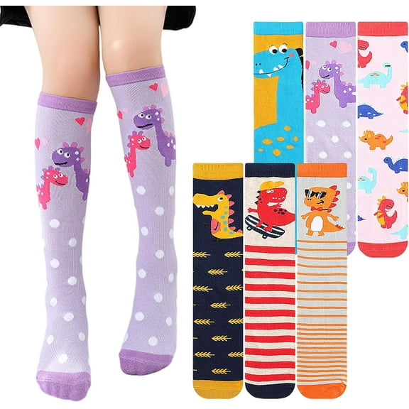 6 Pairs Girls Knee High Socks, Colorful Cartoon Cotton Fashion Long Socks Fun Kids Odd Dinosaur Socks One Size for 3-12 Years Girls