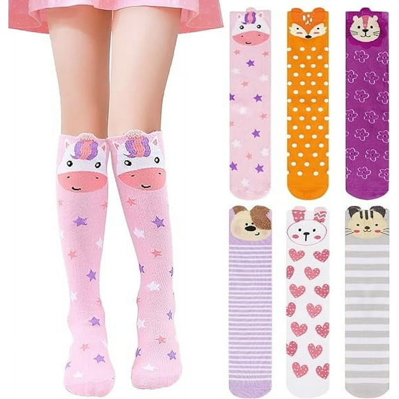 6 Pairs Girls Knee High Socks, Colorful Cartoon Cotton Socks Crazy Fun Kids Odd Animal Socks Fashion Long Socks, One Size for 3-12 Years Girls