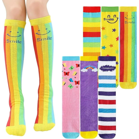 6 Pairs Girls Knee High Socks - Colorful Cartoon Design Soft Cotton Knee Socks Mid-Calf Boot Socks for 3-12 Years Girls