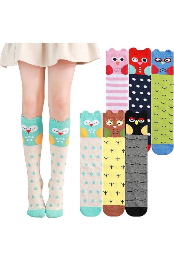 6 Pairs Girls Knee High Socks - Colorful Cartoon Design Soft Cotton Knee Socks Mid-Calf Boot Socks for 3-12 Years Girls