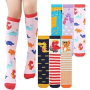 6 Pairs Girls Knee High Socks - Colorful Cartoon Design Warm Cotton Knee Socks Mid-Calf Boot Socks Funny Socks for 3-12 Years Girls - One Size, Dinosaur