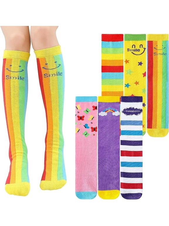 6 Pairs Girls Knee High Socks, Colorful Cartoon Socks, Crazy Fun Tall Funny ong Socks for Kids Girls 3-12 Years One Size