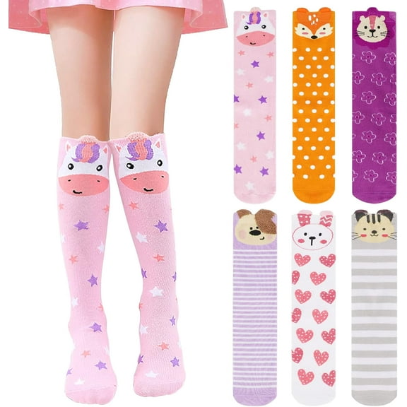 6 Pairs Girls Knee High Socks, Cute Animal Socks Colorful Cartoon Animal Warm Cotton Stockings Mid Calf Long Boot Socks For 3-12 Years Girls, One Size