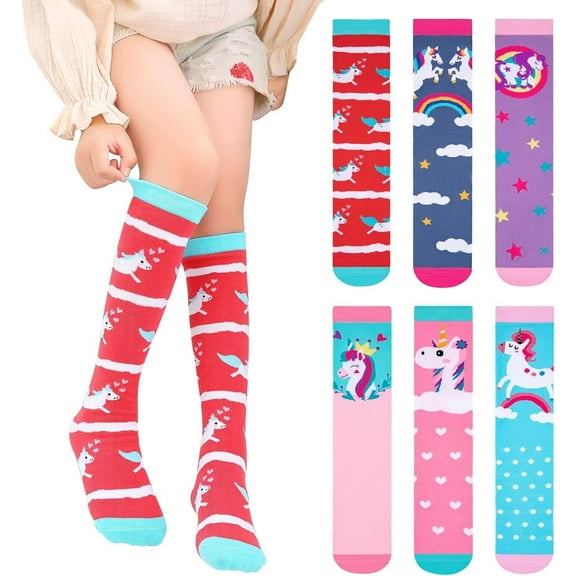 6 Pairs Girls Knee High Socks, Colorful Cartoon Cotton Socks Crazy Fun Kids Odd Unicorn Socks Fashion Long Socks, One Size for 3-12 Years Girls