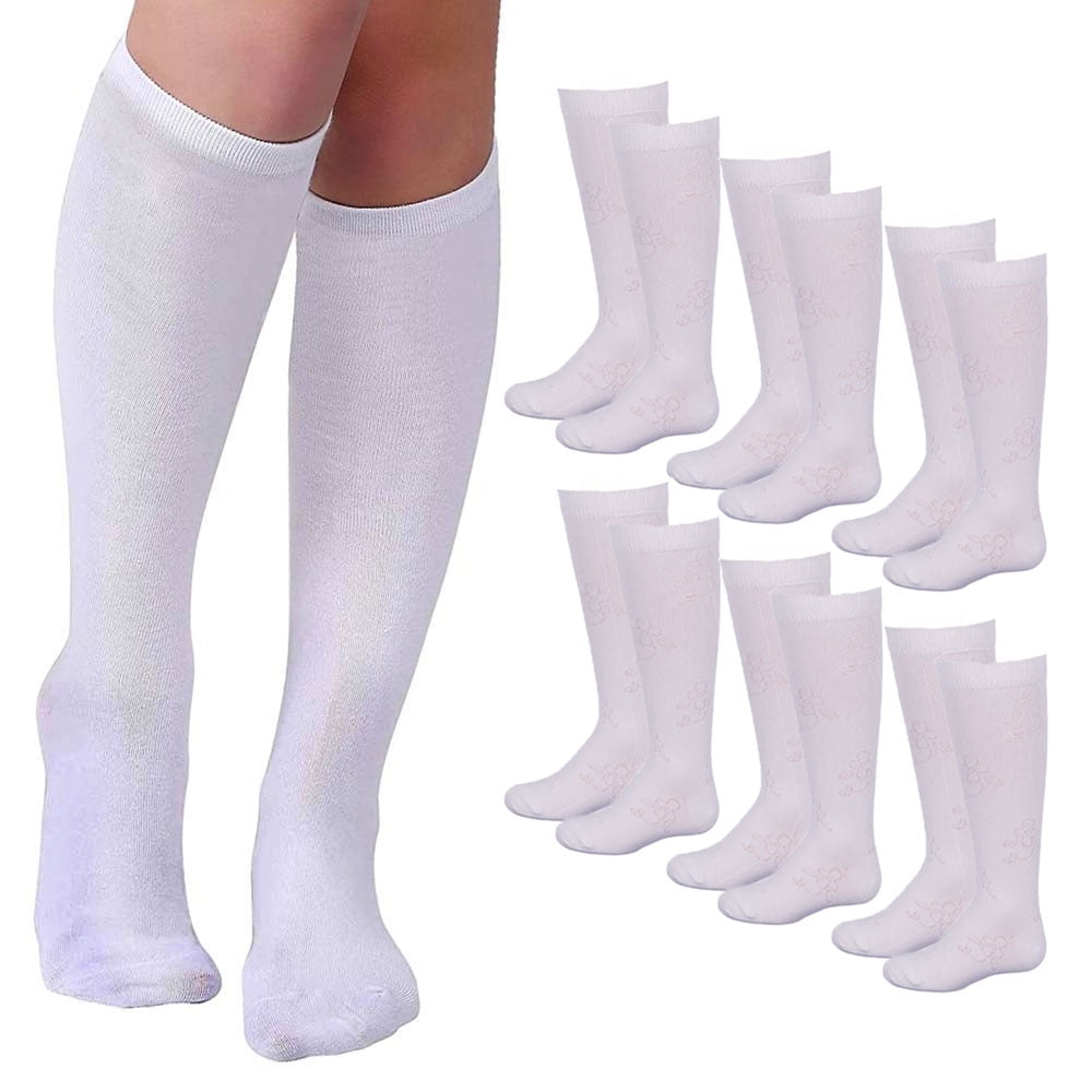 6 Pairs Girls Knee High Socks School Uniform Athletic Tube Kids White