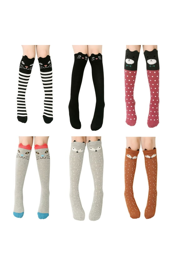 6 Pairs Girls Knee High Socks Toddler Kids Cartoon Animal Cat Bear Over Calf Knee High Socks Long Boot Socks Stockings, 6 Colors, One Size fit for 3-12 Years