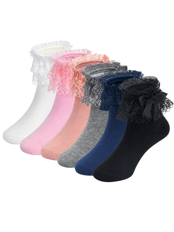 6 Pairs Girls Lace Socks Little Toddler Kids Cute Bowknot Ruffle Socks (7-9 Years)
