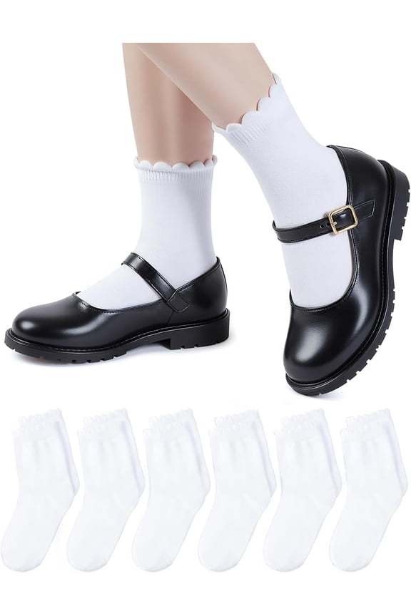 6 Pairs Girls White Ruffle Socks School Uniform Dress Socks for Kids Seamless Crew Ankle Cotton
