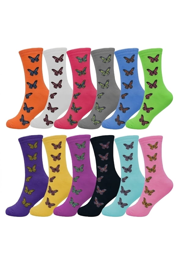 6-Pairs Glory Max Women's Casual Cotton Assorted Colors Butterfly Design Crew Socks Size 9-11