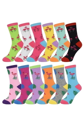 6-Pairs Glory Max Women's Casual Cotton Assorted Colors Flamingo Design Crew Socks Size 9-11