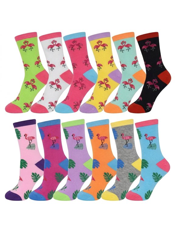6-Pairs Glory Max Women's Casual Cotton Assorted Colors Flamingo Design Crew Socks Size 9-11