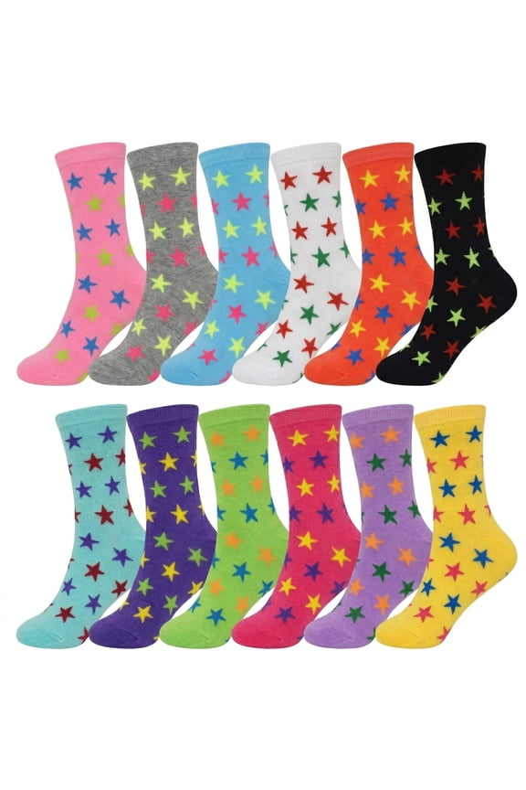6-Pairs Glory Max Women's Casual Cotton Assorted Colors Stars Design Crew Socks Size 9-11