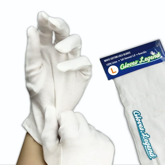 6 Pairs-  Gloves Legend 100% Cotton White Moisturizing Inspection Gloves - Large