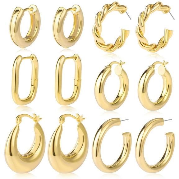 6 Pairs Gold Chunky Hoop Earrings Set for Women Hypoallergenic Thick Open Twisted Hoop Jewelry for Birthday/Christmas Gifts