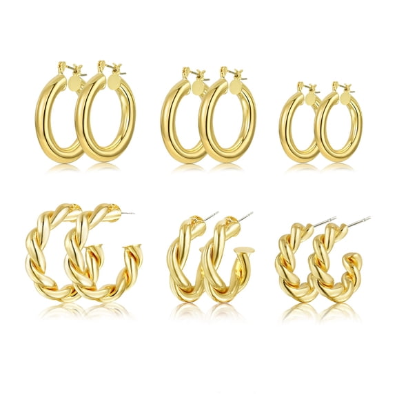 6 Pairs Gold Chunky Hoop Earrings Set for Women Hypoallergenic Thick Open Twisted Hoop Jewelry for Birthday/Christmas Gifts