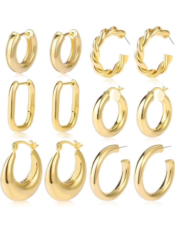 6 Pairs Gold Hoop Earrings for Womem: 14K Gold-plated Lightweight Hypoallergenic, Nickel-Free Lead-Free, Non-Tarnish Cartilage for Multiple Piercings Stack for Jewelry Set