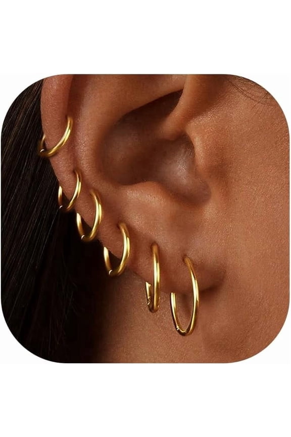 6 Pairs Gold Hoop Earrings for Womem: 14K Gold-plated Lightweight Hypoallergenic, Nickel-Free Lead-Free, Non-Tarnish Cartilage for Multiple Piercings Stack for Jewelry Set
