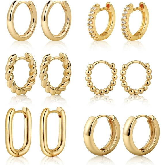 6 Pairs Gold Hoop Earrings for Women, 14K Gold Plated Chunky Earrings Set for Women, Gift Huggie Hoop Earring Lightweight