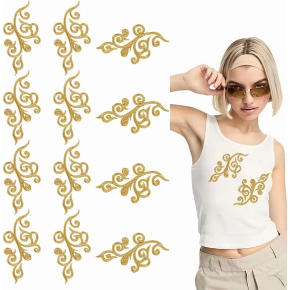 6 Pairs Gold Metallic Embroidered Iron on Patch Leaf Embroidery Applique Metallic Floral Boho Trim Fringe Leaves Patch Craft Supply