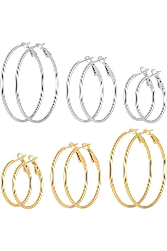 6 Pairs Gold Silver Plated Hoop Earrings for Women, Hypoallergenic Stainless Steel Hoops Earrings Set, Lightweight Large Small Hoops Women Earrings Loop Earrings Set