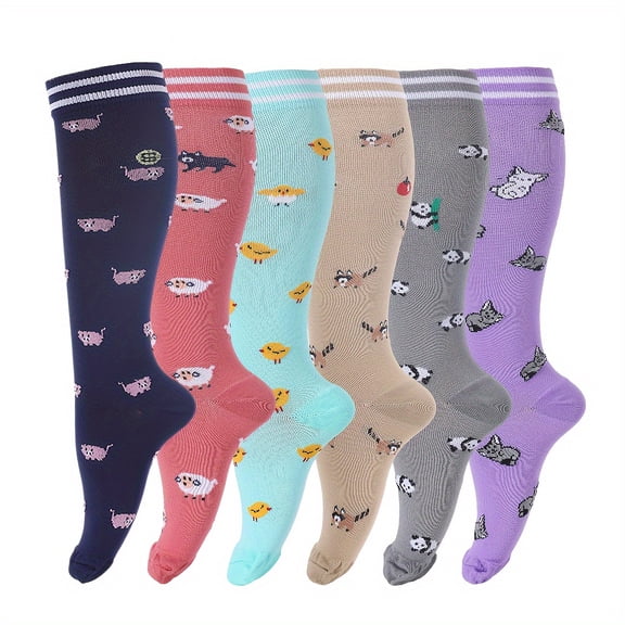 6 Pairs Graduated Compression Socks for Women & Men - Knee High, Supportive & Comfortable, Playful Animal Patterns, Ideal for Work, Maternity, and Travel, Maternity Socks | Cute Socks | Textur
