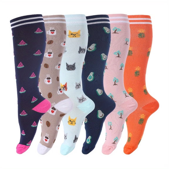 6 Pairs Graduated Compression Socks for Women & Men - Knee High, Supportive & Comfortable, Playful Animal Patterns, Ideal for Work, Maternity, and Travel, Maternity Socks | Cute Socks | Textur