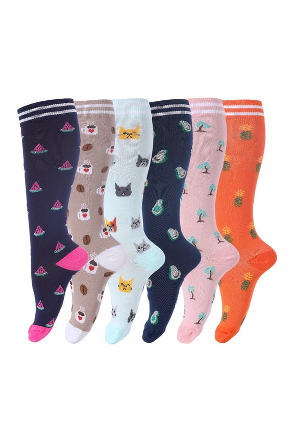 6 Pairs Graduated Compression Socks for Women & Men - Knee High, Supportive & Comfortable, Playful Animal Patterns, Ideal for Work, Maternity, and Travel, Maternity Socks | Cute Socks | Textur