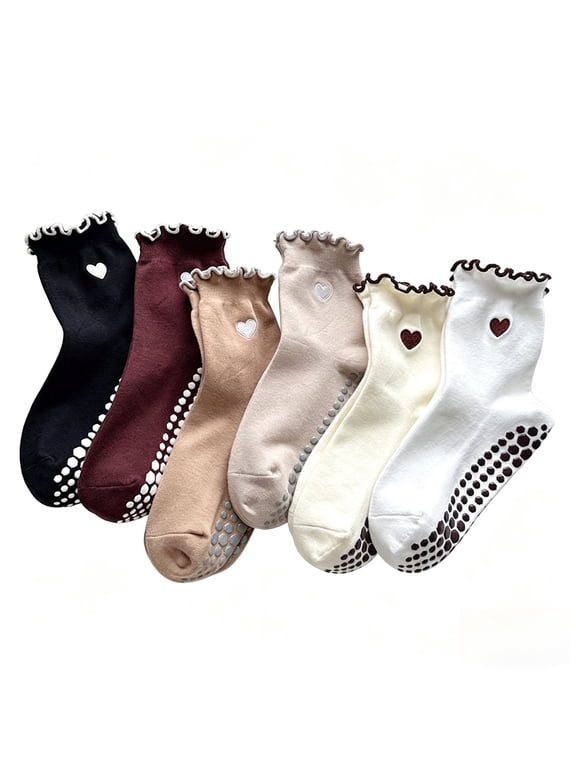 6 Pairs Grip Socks Pilates Cotton Cute Pilates Socks for Women, Ruffle Grippy Sock for Yoga Barre Hospital