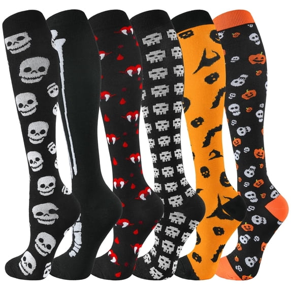 6 Pairs Halloween Compression Socks for Women & Men Circulation 15-20 mmHg - Better Blood Flow, Swelling , Best Support for Medical, Running, Nursing