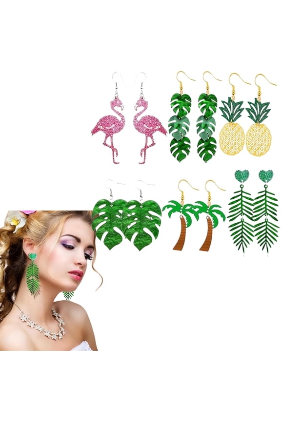 6 Pairs Tropical Dangle Earrings for Women, Lightweight Acrylic Summer Holiday Jewelry, Hawaiian Pineapple Flamingo Set for Beach Party Gift