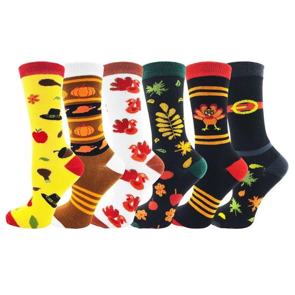 6 Pairs Holiday Socks for Women Girls, Fun Festive Bulk Pack, Colorful Pattern Holiday Novelty Cute (Autumn)