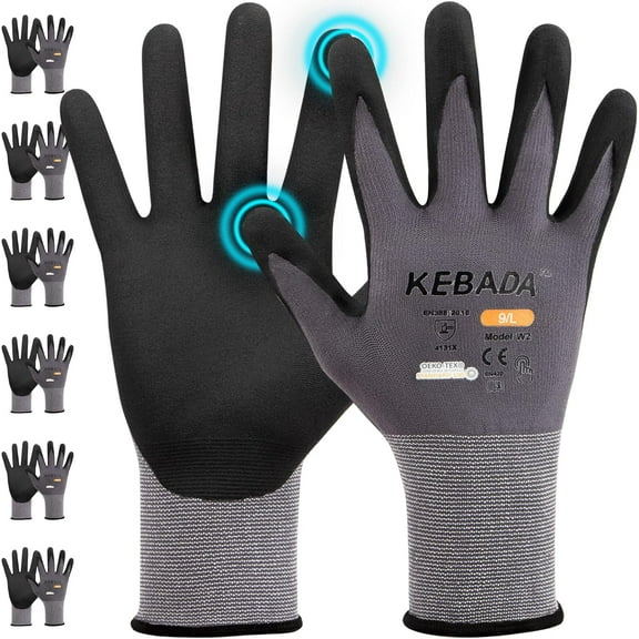 6 Pairs KEBADA W2 Nitrile Coated Work Gloves for Men and Women, Stretch Fit, Grip Gloves for Gardening, Construction, Warehouse, and Outdoor Work, Small