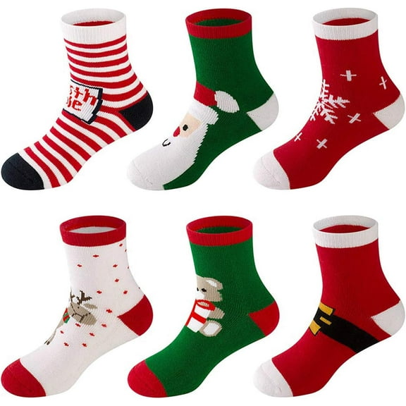 6 Pairs Kids Christmas Socks Boys Girls Baby Cartoon Cotton Socks Warm Winter Soft Cute Casual Holiday Socks