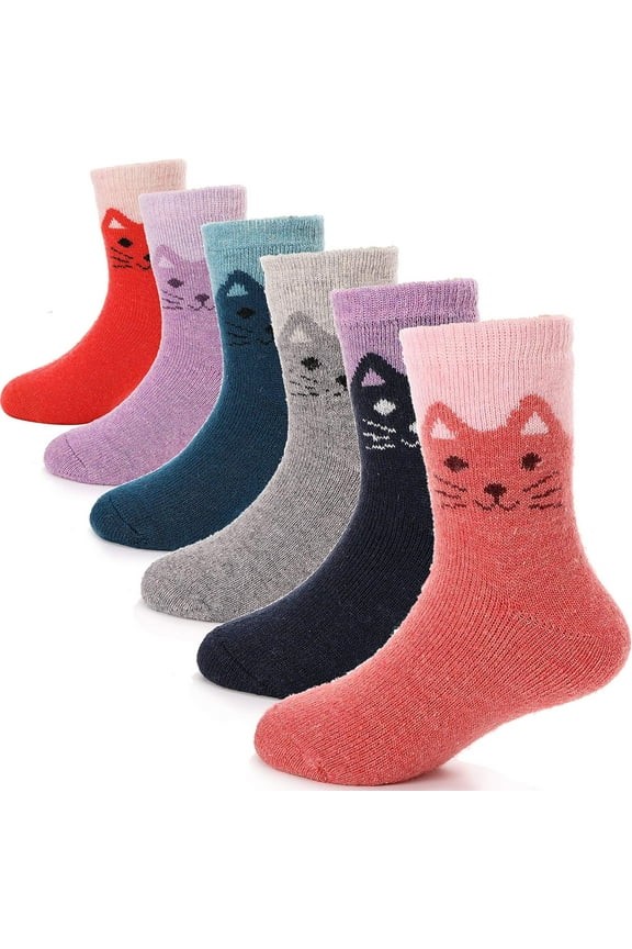 6 Pairs Kids Merino Wool Hiking Socks for Toddlers Boys Girls, Warm Thick Thermal Crew Boot Heavy Cozy Gift Socks