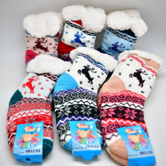 (6 Pairs) Kids Winter Warm Socks, Christmas Socks for Children, Anti-Skid Slip Reindeer Soft Fuzzy Crew Snow Socks, Gift for Child