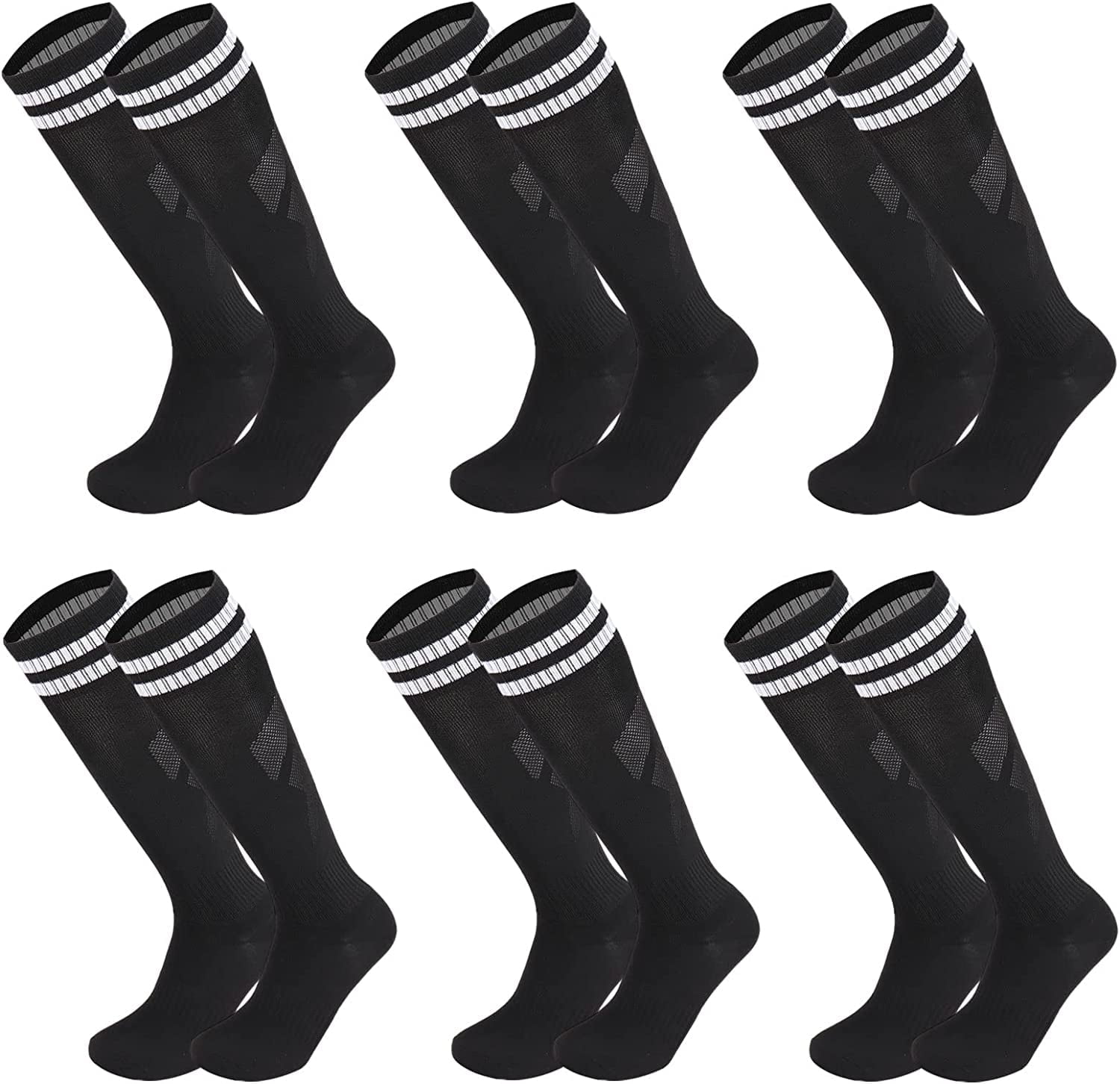 6 Pairs Kids Youth Soccer Socks Solid Striped Knee High Tube Football Sports Socks for Boys Girls 6-12 Years Old (Black)