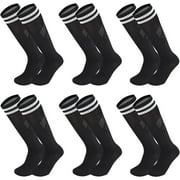 6 Pairs Kids Youth Soccer Socks Solid Striped Knee High Tube Football Sports Socks for Boys Girls 6-12 Years Old (Black)