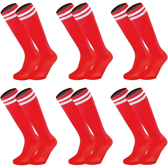 6 Pairs Kids Youth Soccer Socks Solid Striped Knee High Tube Football Sports Socks for Boys Girls 6-12 Years Old（Red）