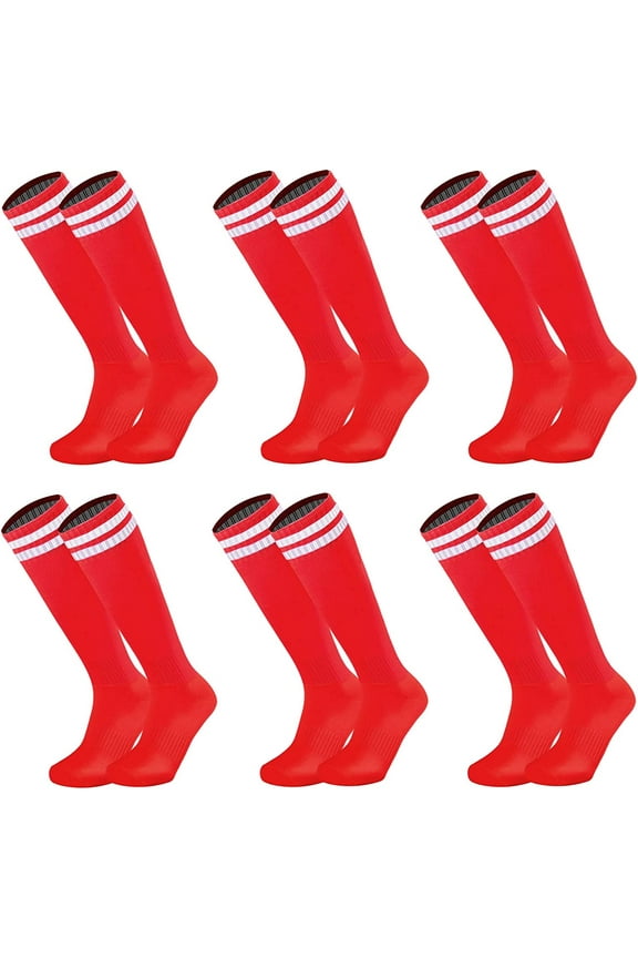 6 Pairs Kids Youth Soccer Socks Solid Striped Knee High Tube Football Sports Socks for Boys Girls 6-12 Years Old(Red)