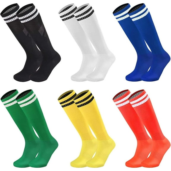 6 Pairs Kids Youth Soccer Socks Solid Striped Knee High Tube Football Sports Socks for Boys Girls 6-12 Years Old(Red)