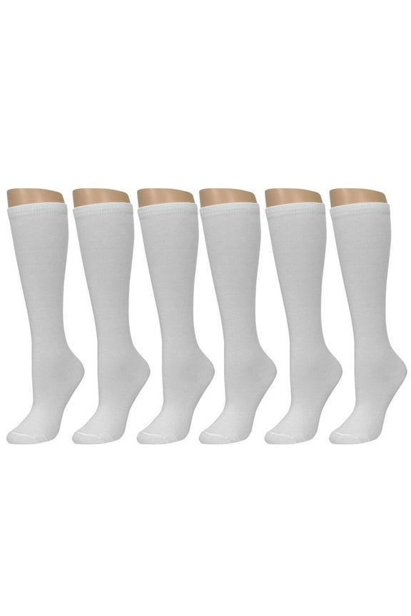 6 Pairs Knee High Uniform School Soccer Socks Womens Girls White Size 6-8 LG Lot