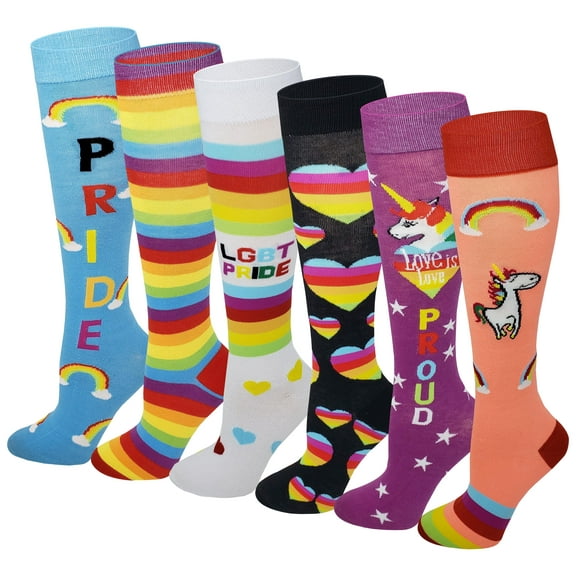 6 Pairs LGBT Pride Rainbow Stripes Unicorn hearts Fancy Knee High Socks