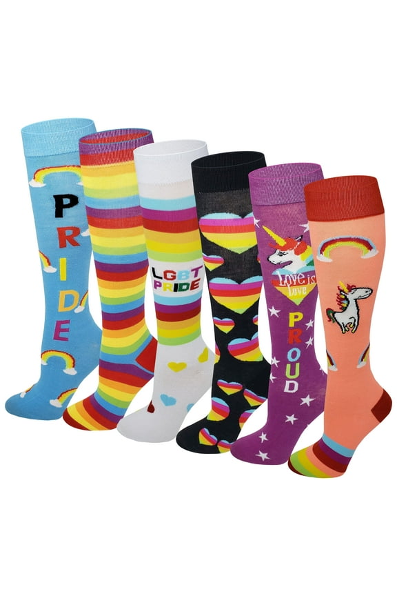 6 Pairs LGBT Pride Rainbow Stripes Unicorn hearts Fancy Knee High Socks