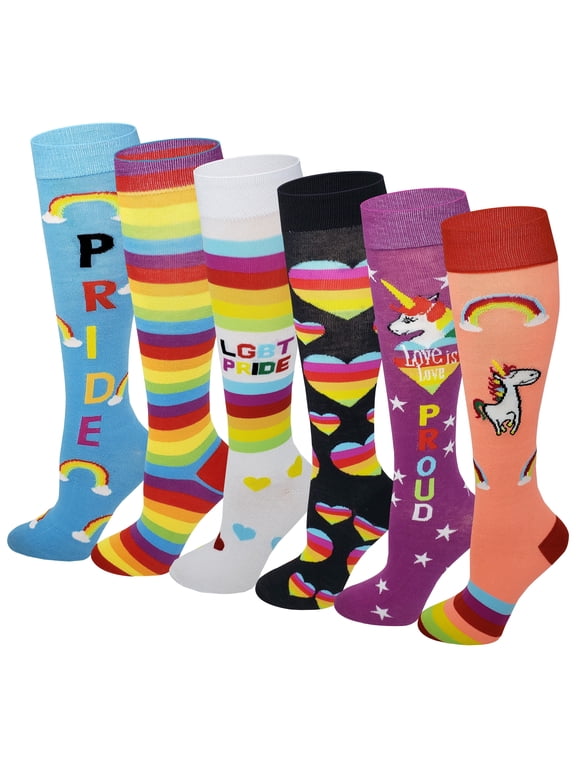 6 Pairs LGBT Pride Rainbow Stripes Unicorn hearts Fancy Knee High Socks