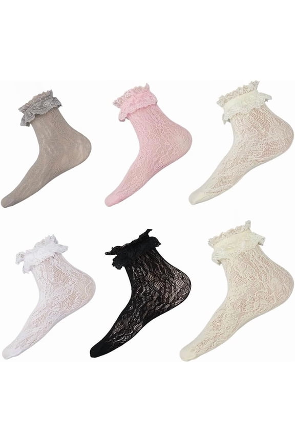 6 Pairs Lace Crew Socks Omens Lace Ankle Socks Ruffle Ruffle Mesh Crew Socks Frilly Dress Socks Sexy Mesh Lace Trim Lolita Sock Lacy Ruffled Cootie Sock for DIY